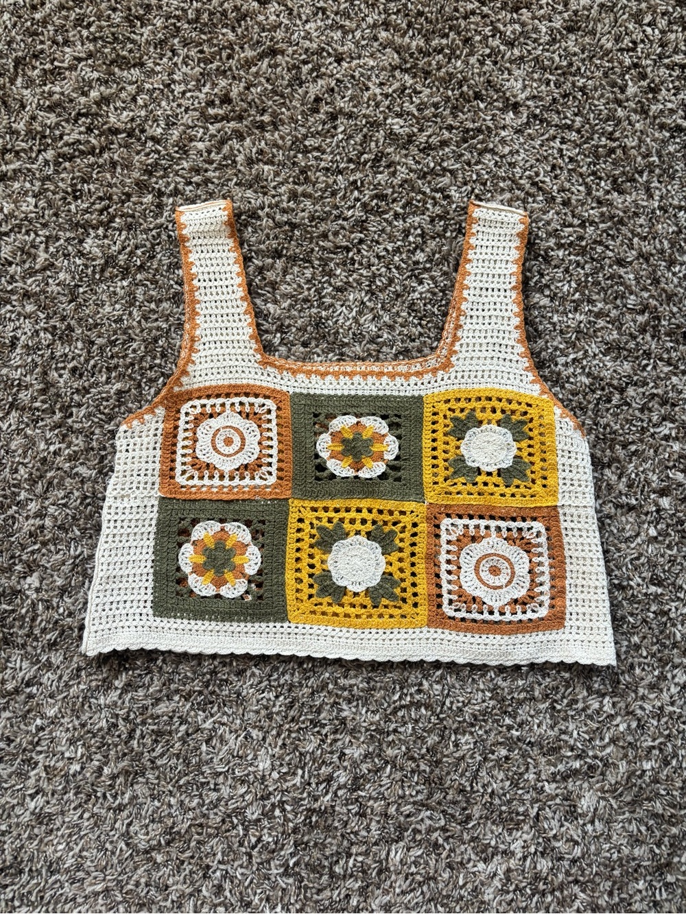 Crochet Square-Panel Tank Top in Cream, Mustard & Olive